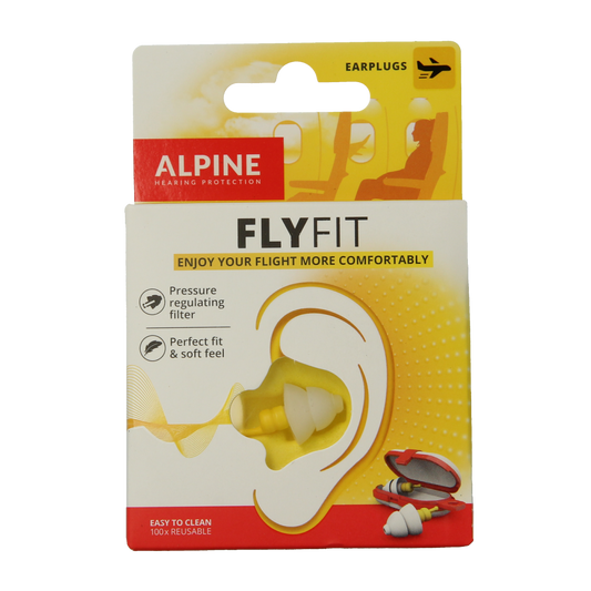 Alpine Flyfit earplugs for hearing protection, pair of 1.00, shown in the image with soft silicone tips and compact design.