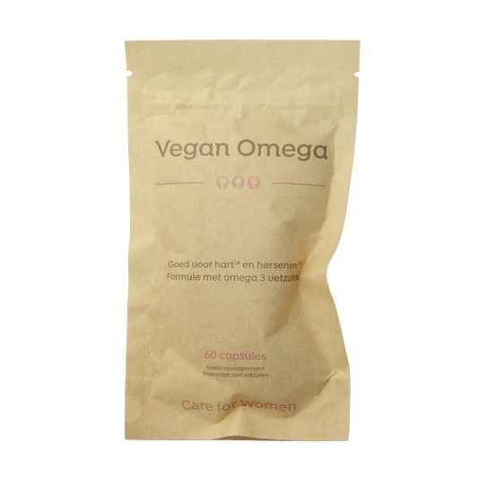 Vetzuren Care For Women Vegan omega capsules in a bottle, supplement for women's health, with a white label and capsule cap.