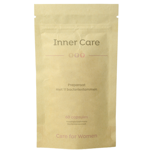 Care For Women Inner Care probiotic capsules, micro-organismen supplement for women's digestive health, 60 capsules in bottle.