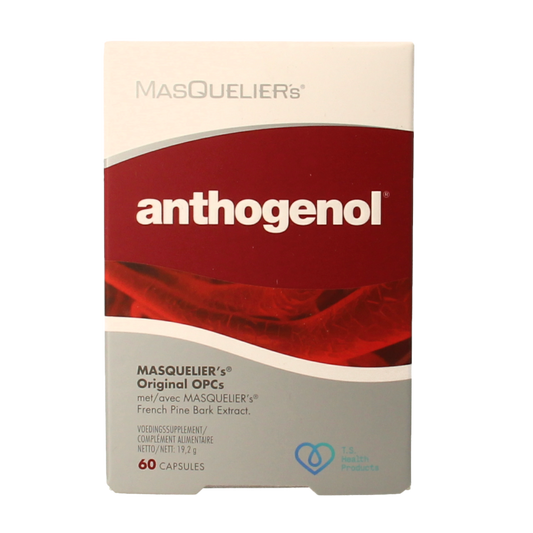 Bottle of Masqueliers Anthogenol 60 capsules, herbal supplement in a white container with a label, on a white background.