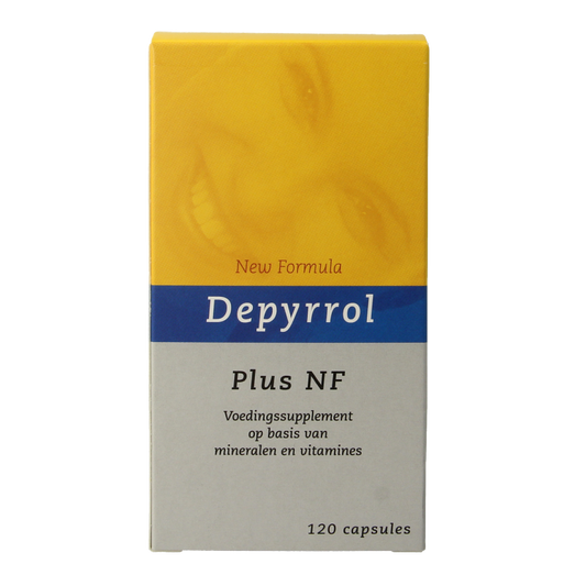 Depyrrol Plus NF mineral multivitamin capsules in vegetarian form, displayed in a clear container with capsules visible.