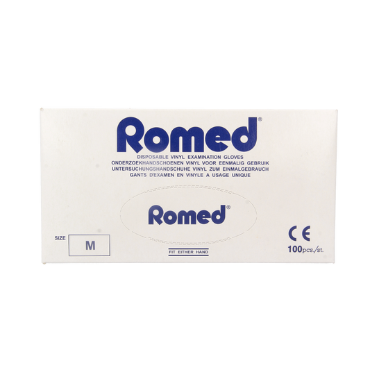 Romed vinyl non-sterile, powdered medical gloves in size M, pack of 100, for protective medical use.