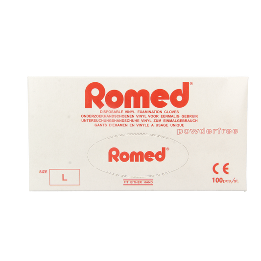 Romed vinyl disposable medical gloves, powder-free, non-sterile, size L, 100 pieces, protective handwear for healthcare use