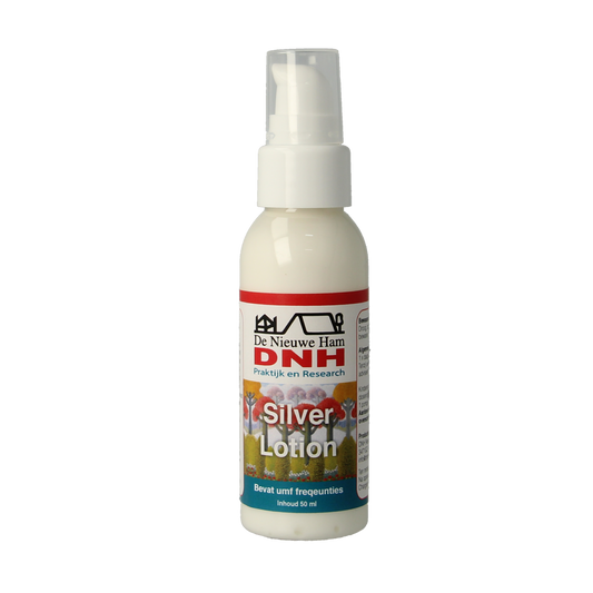 DNH Silver lotion 50ml bottle for body care, featuring sleek silver packaging and a pump dispenser.