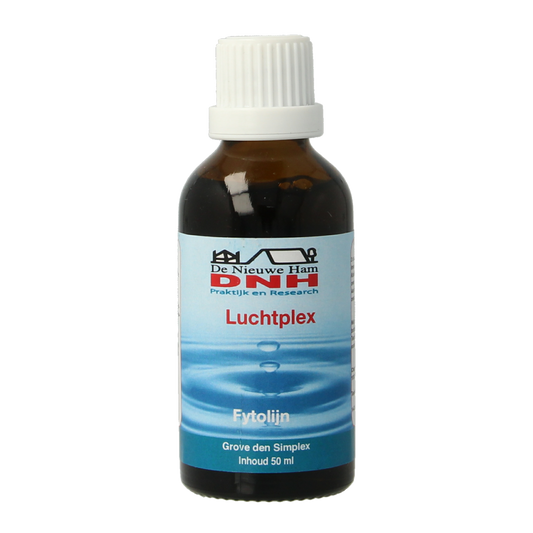 DNH Luchtplex tinctuur in 50ml bottle, herbal supplement for respiratory support, with label showing product details and branding.
