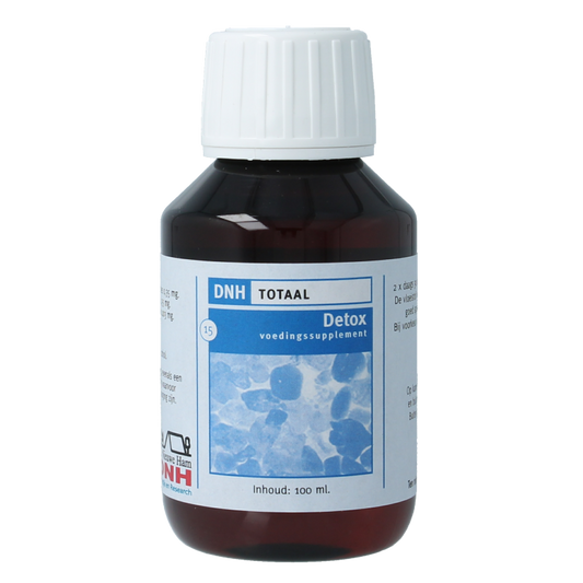 Bottle of DNH Detox totaal herbal supplement, 100ml, with herbal ingredients in a clear container, designed for detox support.
