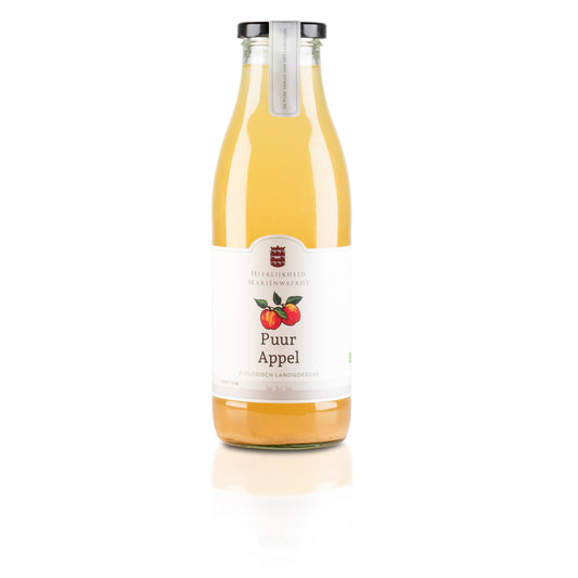 Organic Marienwaerdt apple juice in a 750ml bottle, showcasing fresh apple juice with a clear label and sealed cap.