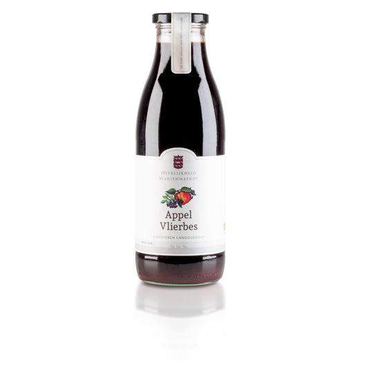Marienwaerdt organic apple and elderberry juice bottle, 750ml, with label showing fresh fruits and natural ingredients.
