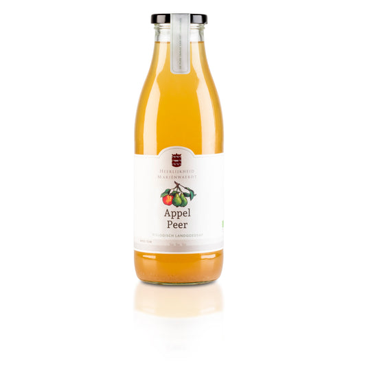 Organic Marienwaerdt apple pear juice in a 750ml bottle, showcasing a clear, golden-colored beverage in a glass.