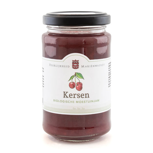 Marienwaerdt bio cherry fruit spread on bread, 250g jar, natural broodbeleg with fresh cherries and organic ingredients.