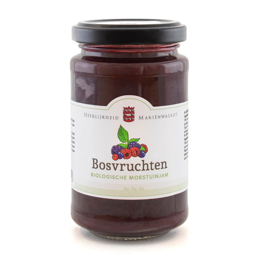 Marienwaerdt Moestuinjam bosvruchten bio broodbeleg jar with mixed forest fruits and a spoon.