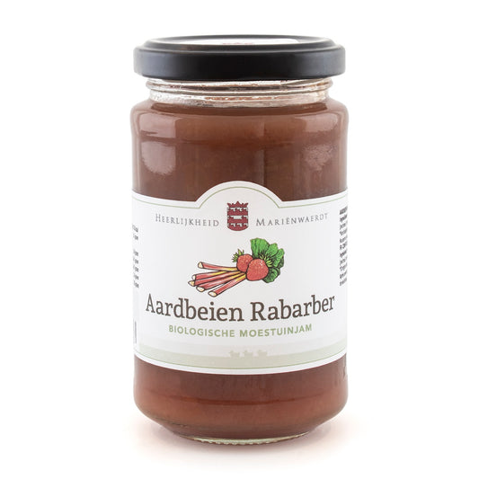 Marienwaerdt organic rabarber aardbei broodbeleg jam in 250g jar, with fresh strawberries and rhubarb visible.