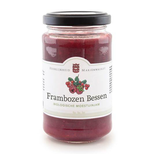 Marienwaerdt Moestuinjam bes framboos bio 250g, natural raspberry jam spread on bread, in a glass jar with a label.