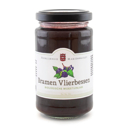 Marienwaerdt Moestuinjam broodbegoed with blackberries and elderberries, 250g jar, natural organic jam spread.