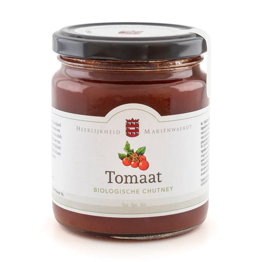 Marienwaerdt organic tomato chutney in 260g jar, showcasing fresh tomatoes and rich sauce texture.