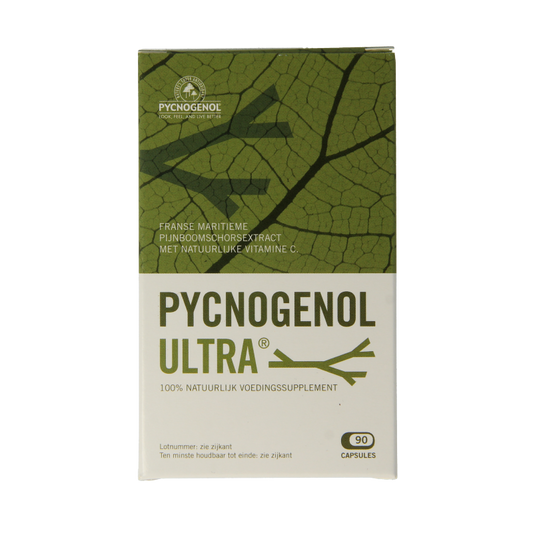 Marma Pycnogenol Ultra 90 capsules in a container, herbal supplement from Marma brand, with label and capsule details visible.