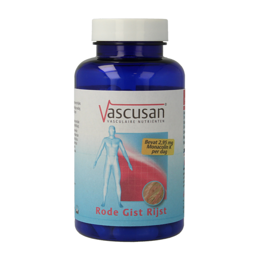 Vascusan Rode gist rijst capsules, herbal supplement in a clear bottle, featuring the Vascusan brand label and 90 capsules.