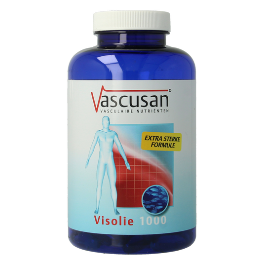 Vascusan Visolie 1000 softgels, Vetzuren omega-3 supplement in clear softgel capsules, natural fish oil source.