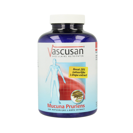 Vascusan Mucuna pruriens herbal capsules in a bottle, dietary supplement for natural wellness, vegetarian-friendly product.
