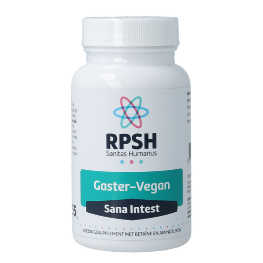 RPSH Sana Intest Gaster vegan capsules containing fiber and enzymes, shown in a white bottle with capsules inside.