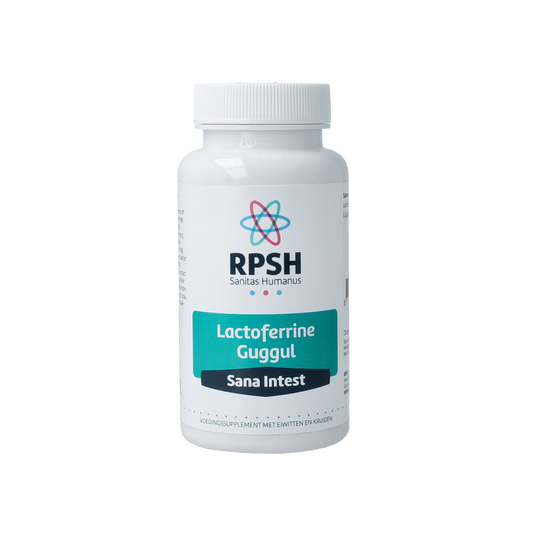 RPSH Sana Intest Lactoferrine Guggul herbal supplement capsules, 60 count, in a bottle with label displaying product details.