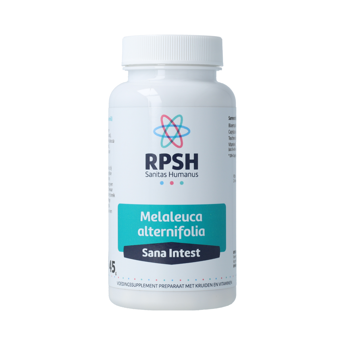 RPSH Sana Intest Melaleuca alternifolia vegetarian capsules in a bottle, herbal supplement for digestive health.