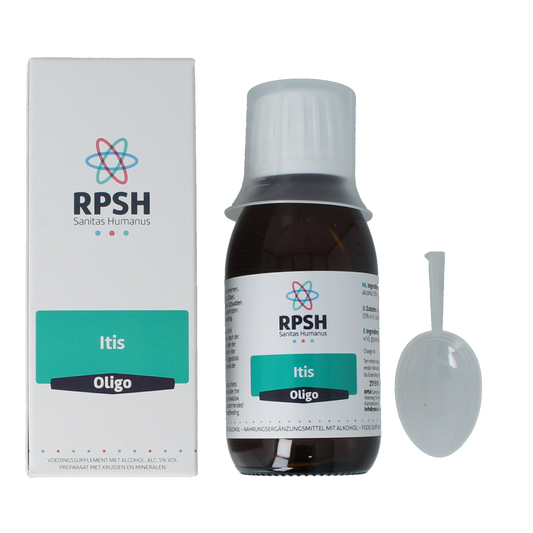 RPSH Oligo Itis herbal supplement bottle, 120ml, natural herbal remedy for immune support, featuring a white label and green cap.