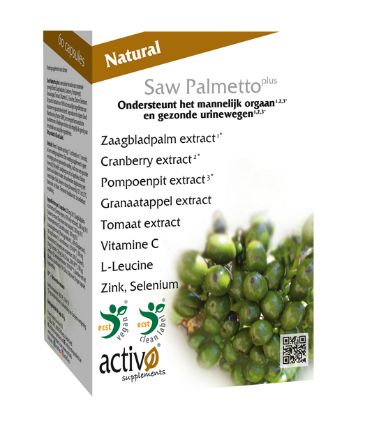Activo Saw Palmetto Plus herbal capsules for men, 60 vegetarian capsules, dietary supplement in a clear bottle.