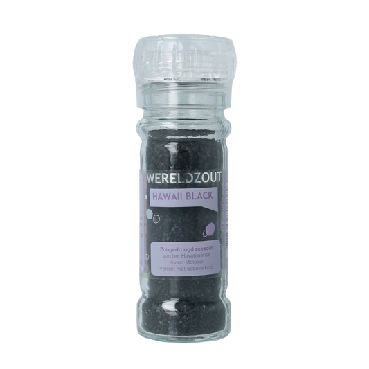 Esspo Wereldzout Hawaii Black molen containing 105g of volcanic black salt for cooking and seasoning.