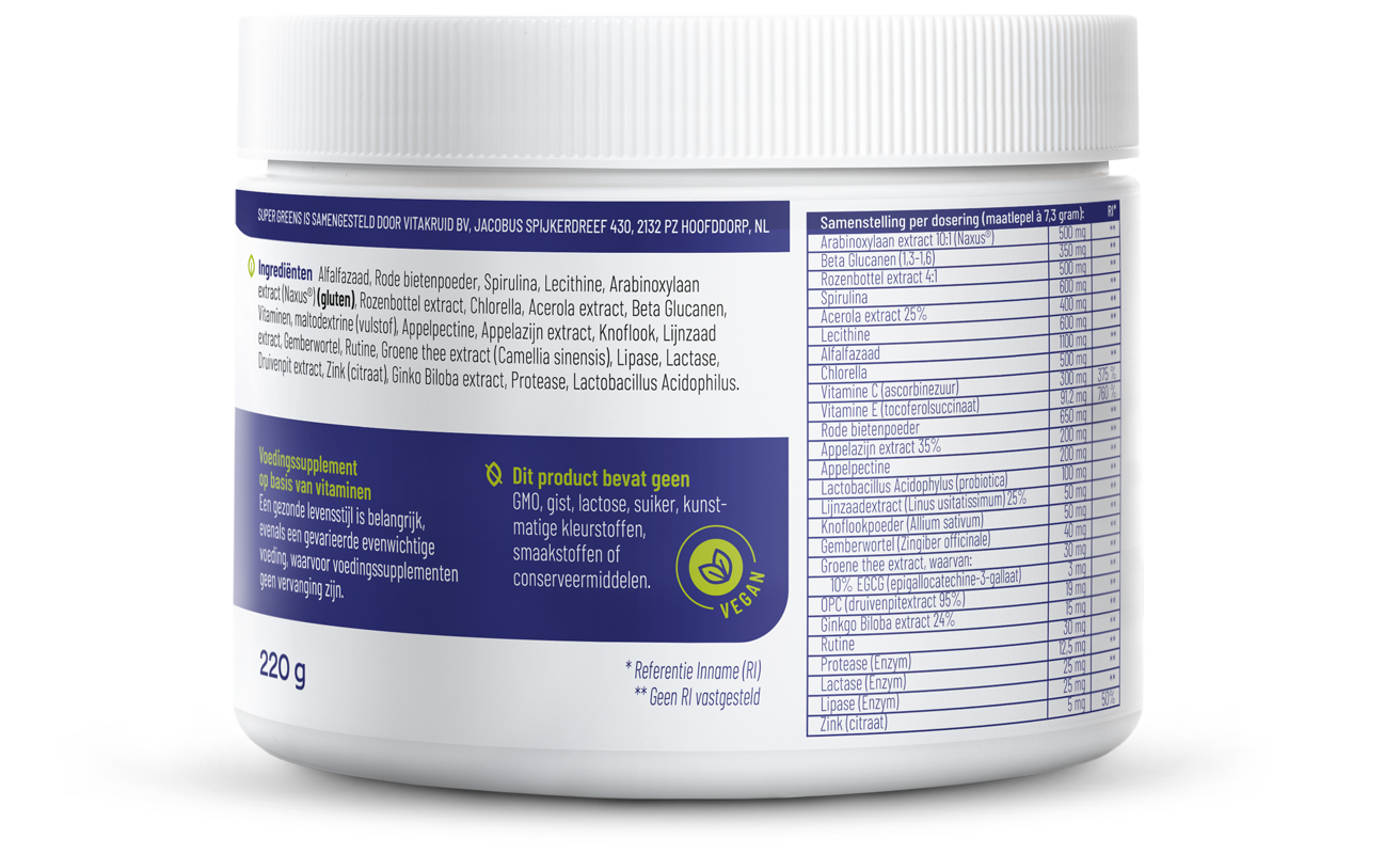 Vitakruid Super Greens 25 nutrienten oa probiotica & enzymen 220.00 Gram