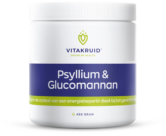 Vitakruid Psyllium and Glucomannan fiber supplement in a 450g container, featuring the herbal preparation label and product packaging.