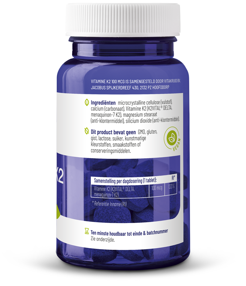 Vitakruid Vitamin K2 100 mcg K2VITAL DELTA tablets bottle, close-up of supplement packaging and tablets.