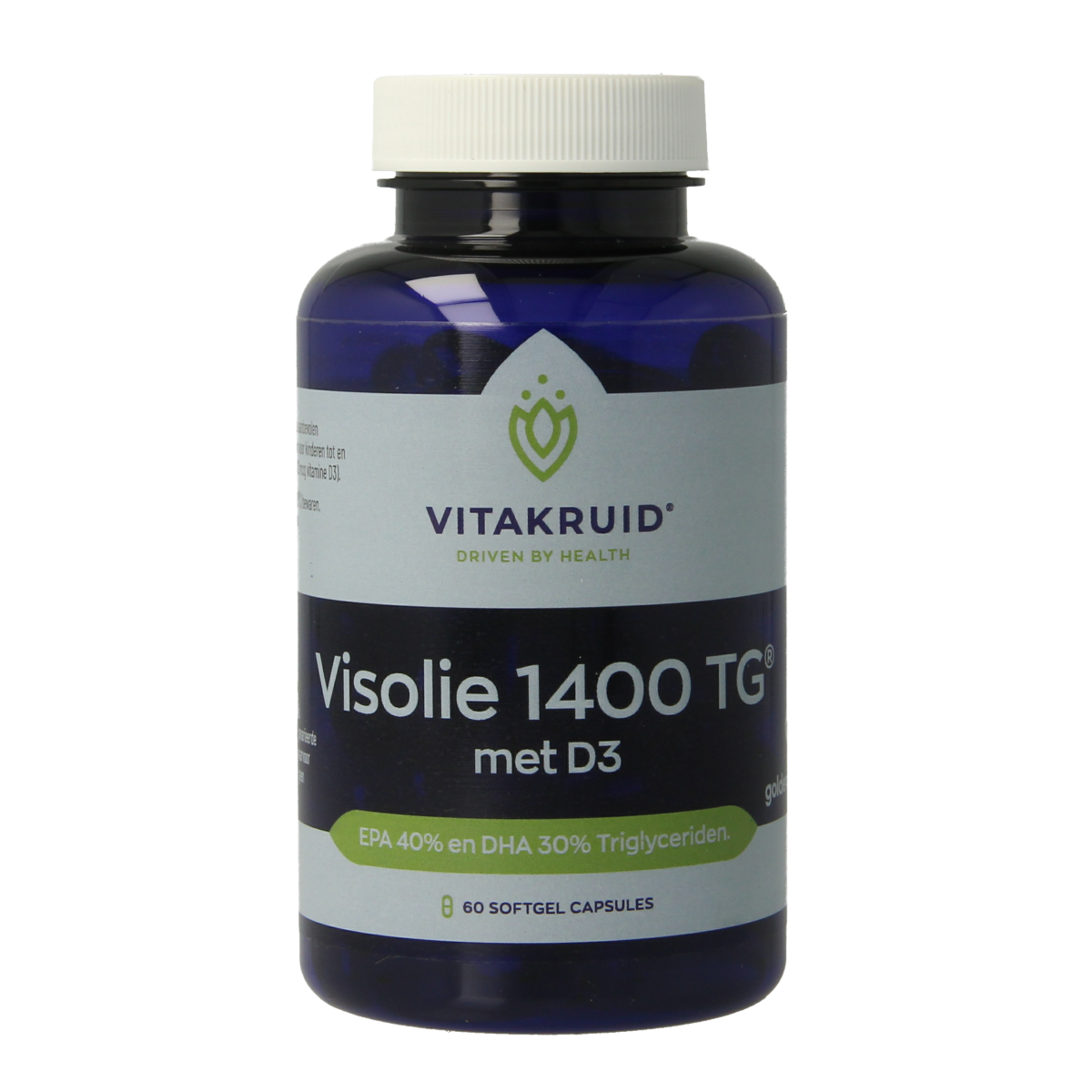 Vitakruid Visolie 1400 TG triglyceride softgels with vitamin D3, 60 softgel capsules for supporting overall health.