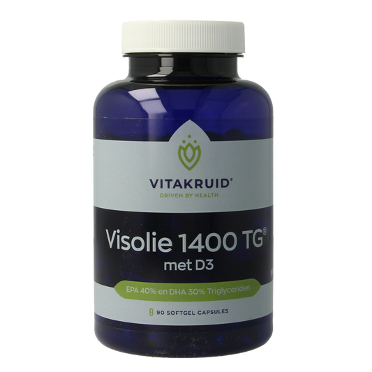 Vitakruid Visolie 1400 TG softgels with vitamin D3, displayed in a bottle with softgel capsules, supplement for healthy fats and D3.