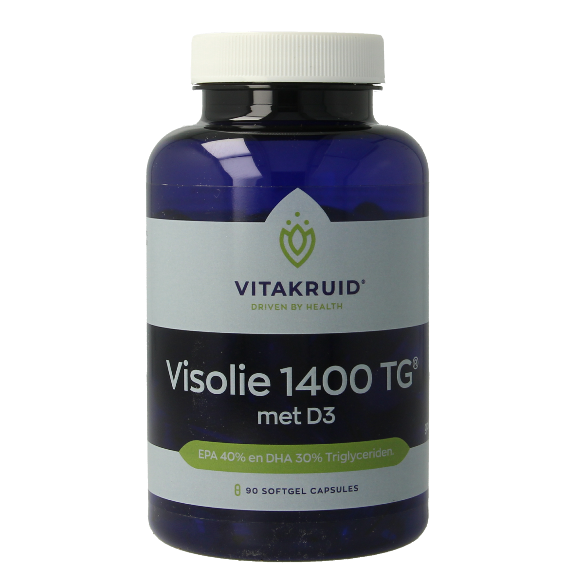 Bottle of Vitakruid Visolie 1400 TG triglyceride softgels with vitamin D3, dietary supplement for healthy fats and immune support.