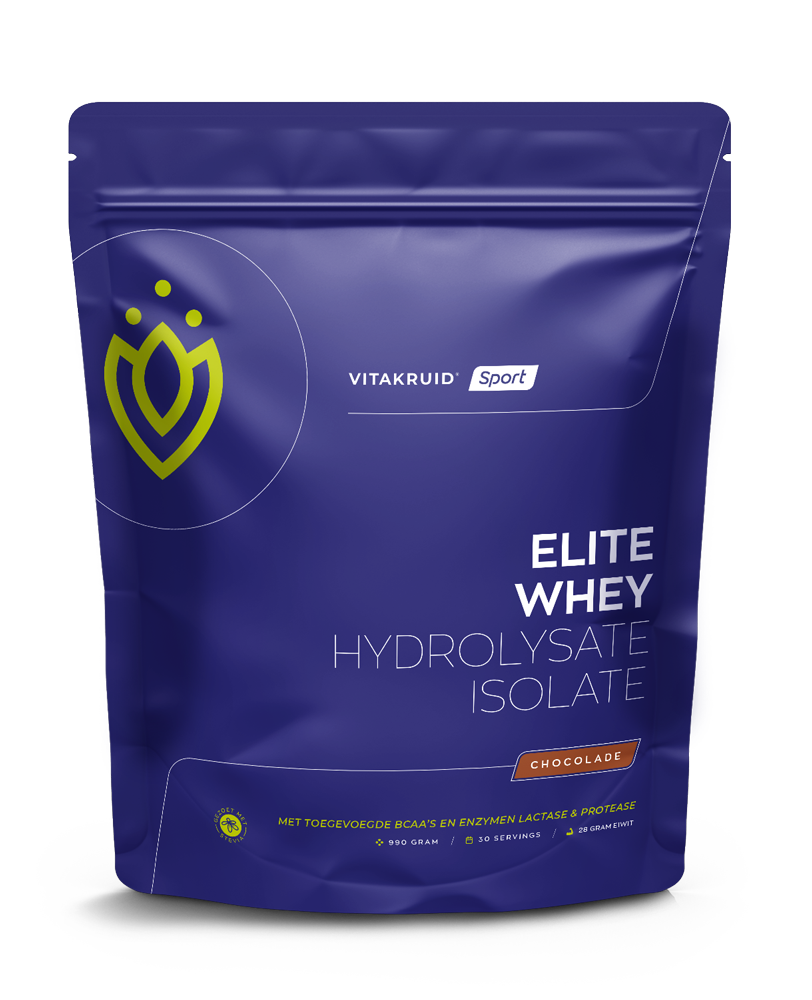 Vitakruid Elite whey protein in chocolate flavor, 990g, featuring 50% hydrolysate and 50% isolate, in a resealable bag.