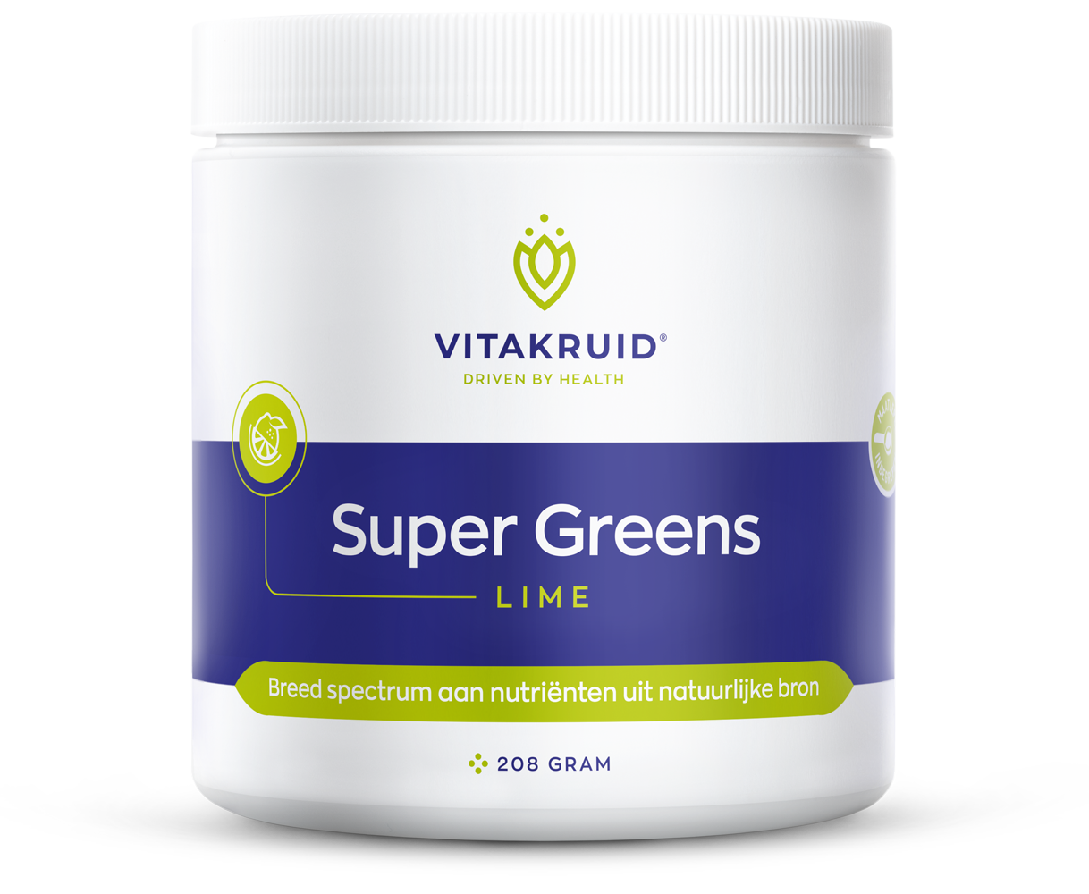 Vitakruid Super Greens lime probiotic and enzyme herbal supplement in 208g package, featuring green powder with lime flavor.