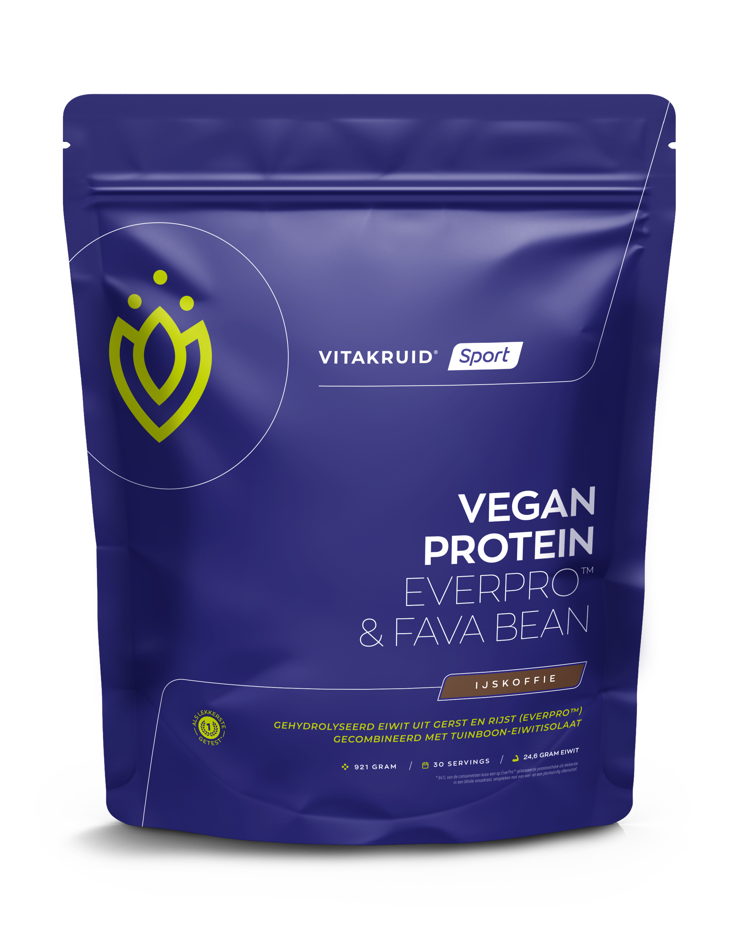 VitaKruid Vegan Protein Ever Pro Iced Coffee amino acids supplement in a 921g container, featuring a label with product details and branding.