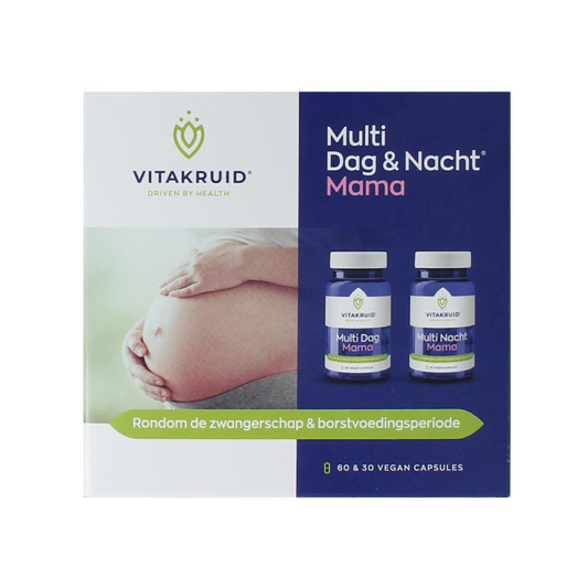 Vitakruid Multi dag en nacht mama vitamine capsules, 90 stuks, voor ondersteuning tijdens zwangerschap en borstvoeding.