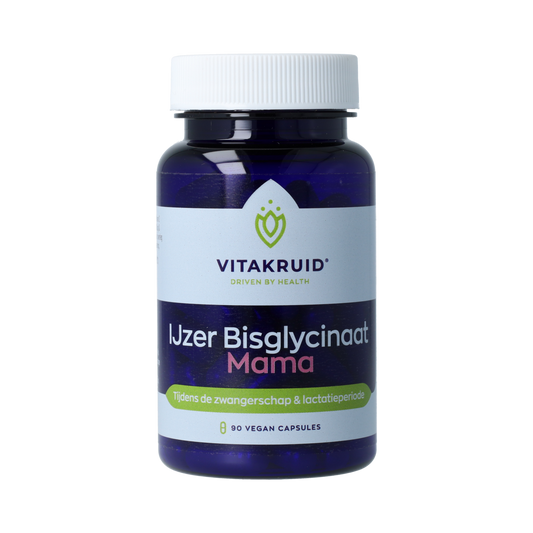 Vitakruid IJzer Bisglycinaat Mama 30 vegetarische capsules, supplement with koper and vitamine C in a clear bottle.