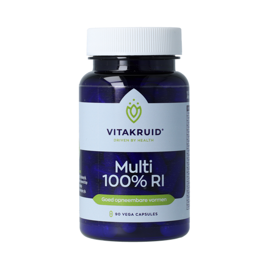 Vegetarische Vitakruid Multi 100% RI vitamine capsules in een open doos, goed opneembare multivitamine supplementen.