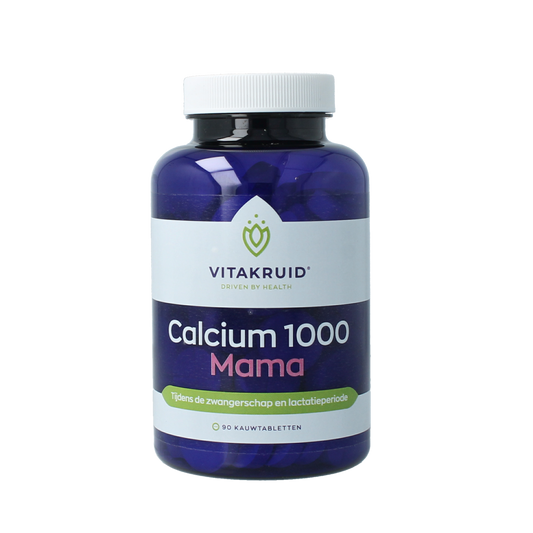 Vitakruid Calcium 1000 Mama mineralen tabletten for zwangerschap and lactatie, displayed in a bottle with 90 tablets.