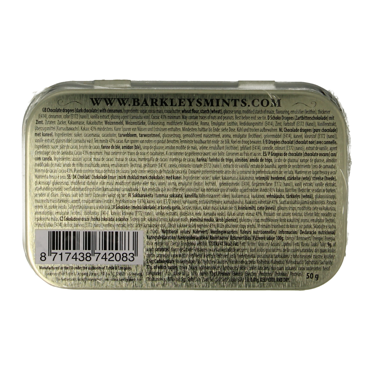 Barkleys Chocolate Mints Cinnamon snoepgoed in 50g package, showing shiny chocolate and cinnamon-flavored candies.