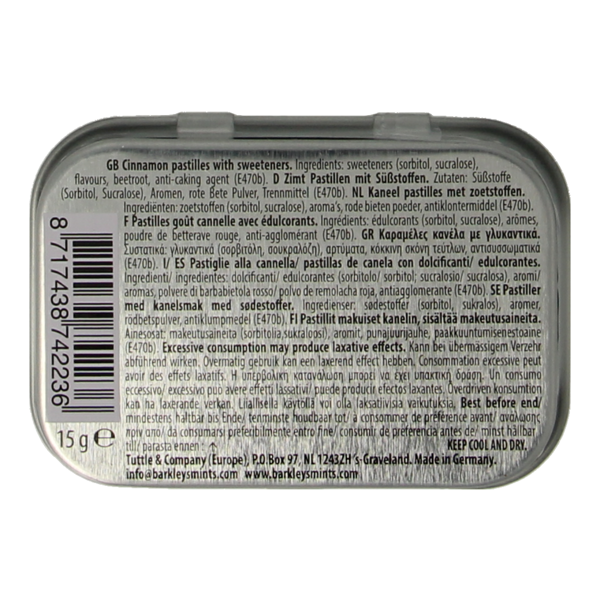 Barkleys Cinnamon Mints, sugar-free candy in a 15g package, showing the mint candies with cinnamon flavor.