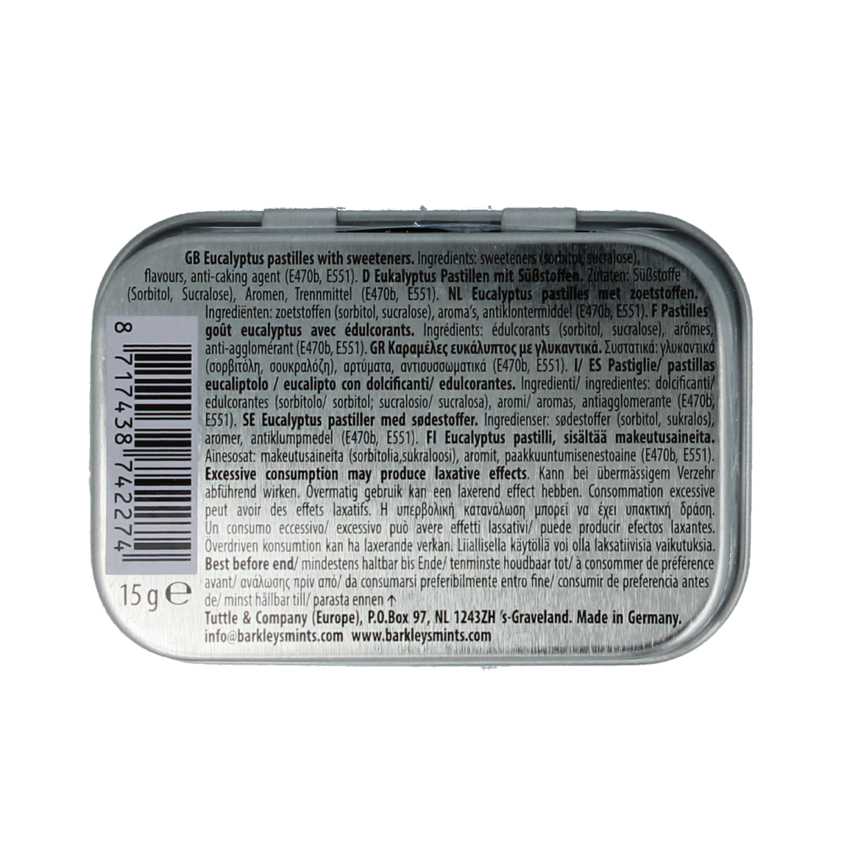 Barkleys Mints mini eucalyptus flavored snoepgoed in a 15g package, showcasing the mint candies with eucalyptus flavor.