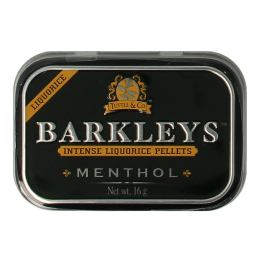 Barkleys Liquorice Pellets with Menthol, 16g, chewy snoepgoed in a clear wrapper, featuring black liquorice with menthol flavor.
