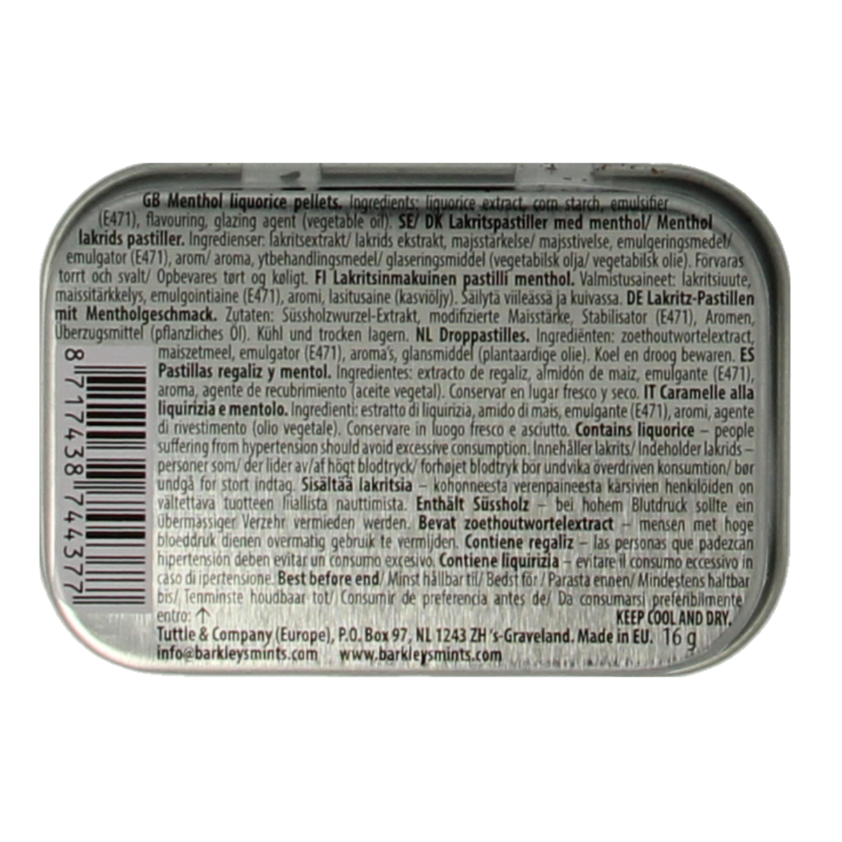 Barkleys Liquorice Pellets Menthol, 16g, chewy snoepgoed with black liquorice and refreshing menthol flavor, in colorful packaging.
