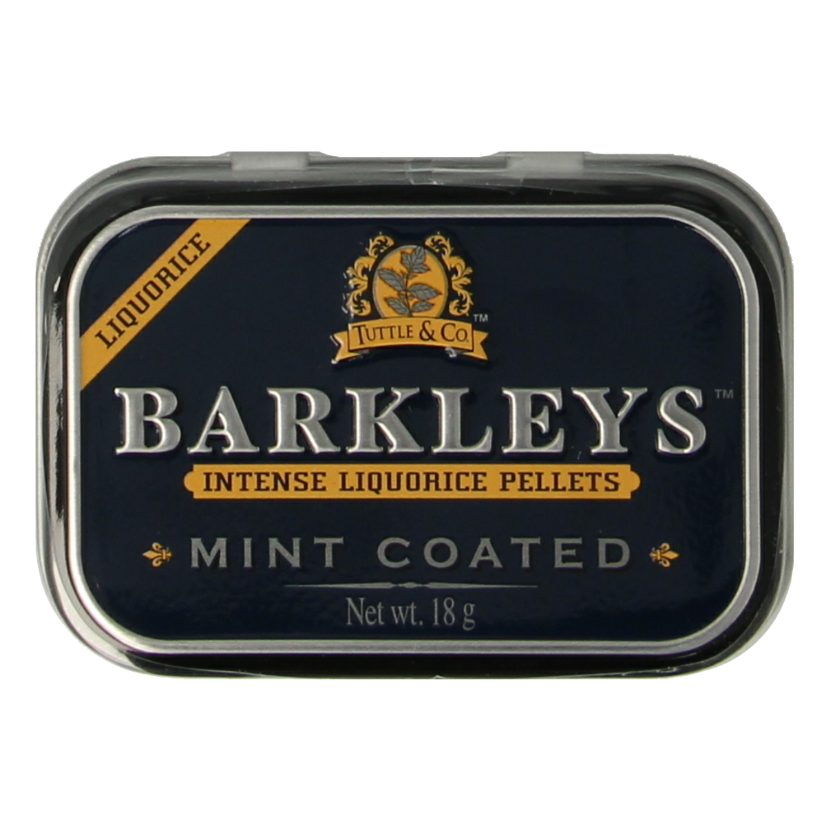Barkleys Liquorice pellets with mint coating, 18g, showing shiny black and green coated liquorice candies in a close-up image.