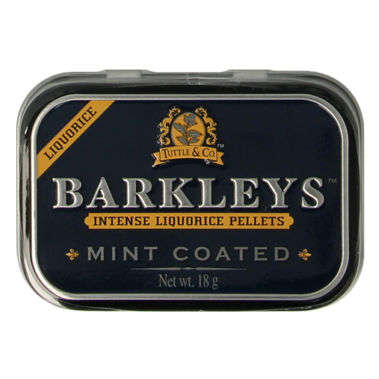 Barkleys Liquorice pellets with mint coating, 18g snoepgoed, shiny dark liquorice candies with mint-flavored coating.