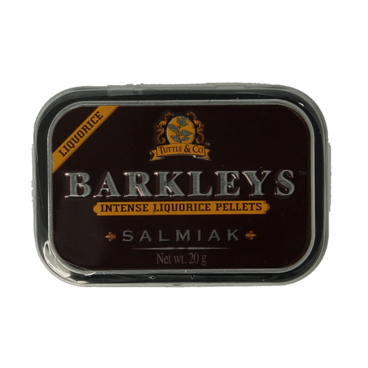 Barkleys Liquorice Pellets Salmiak 20g, salty black licorice candies in a clear bag with branding visible inside.